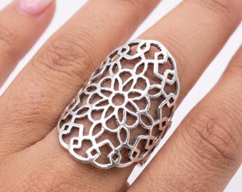 Plain 925 Sterling Silver Cutout Flower Lace Band Ring, Everyday Wear Jewelry