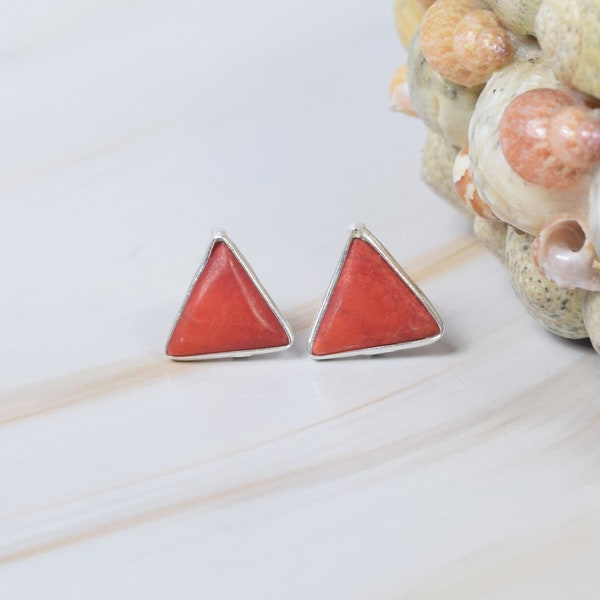 Red Coral 925 Sterling Silver Gemstone Stud Earring ~ Handmade Jewelry ~ Triangle Shape ~ Elegant Stud ~ Gift For Christmas