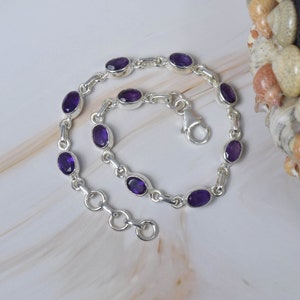 Cut Purple Amethyst 925 Sterling Silver Gemstone Adjustable Oval Bracelet ~ February Month Birthstone ~ Gift For Her ~ 10 Stone Bracelet