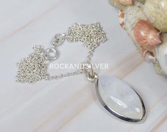 Colgante de plata de ley con piedra lunar arcoíris: piedra preciosa marquesa, piedra natal de junio