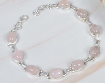 Rose Quartz 925 Sterling Silver Gemstone Adjustable Bracelet ~ Handmade Jewelry ~ Designer Bracelet ~ Gift For Anniversary ~ Oval Shape