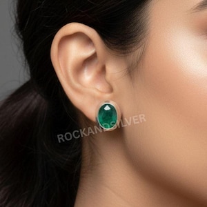 Green Emerald 925 Sterling Silver Faceted Stud Earring