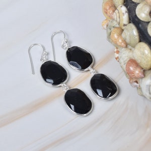 Cut Black Onyx 925 Sterling Silver Gemstone 1 Pair Elegant Hook Earring ~ Handmade Jewelry ~ Gift For Women ~ 2 Stone Earring