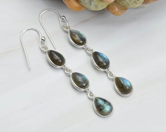 Labradorite 925 Sterling Silver Gemstone 1 Pair Hook Earring ~ Handmade Jewelry ~ Elegant Earring ~ 3 Stone Pear Earring ~Gift For Christmas