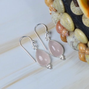 Pink Rose Quartz 925 Sterling Silver Gemstone 1 Pair Hook Earring ~  Pear Shape Jewelry ~ Handmade Jewelry ~ Gift For Christmas