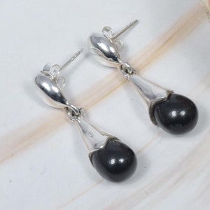 Black Pearl Earring 925 Sterling Silver Gemstone Drop Stud Earring, Handmade Jewelry, June Birthstone, Pear Shape, Gift For Christmas