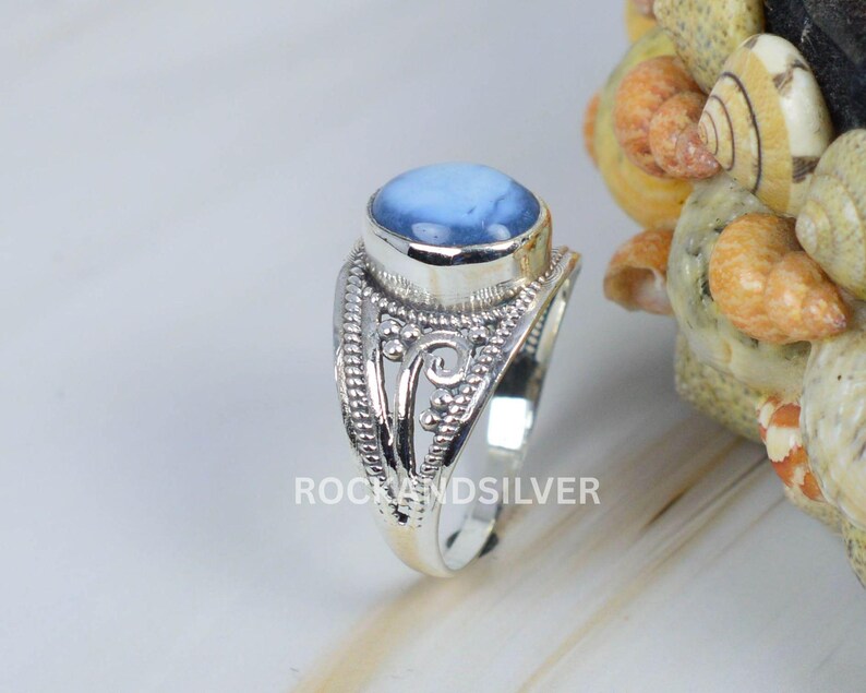 Blue Peruvian Opal Ring: Oval Sterling Silver Handmade Jewelry image 2