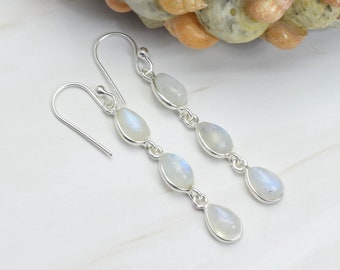 White Rainbow Moonstone 925 Sterling Silver Gemstone Hook Earring ~ Handmade Jewelry ~ Elegant Earring ~ 3 Stone ~ Gift For Christmas