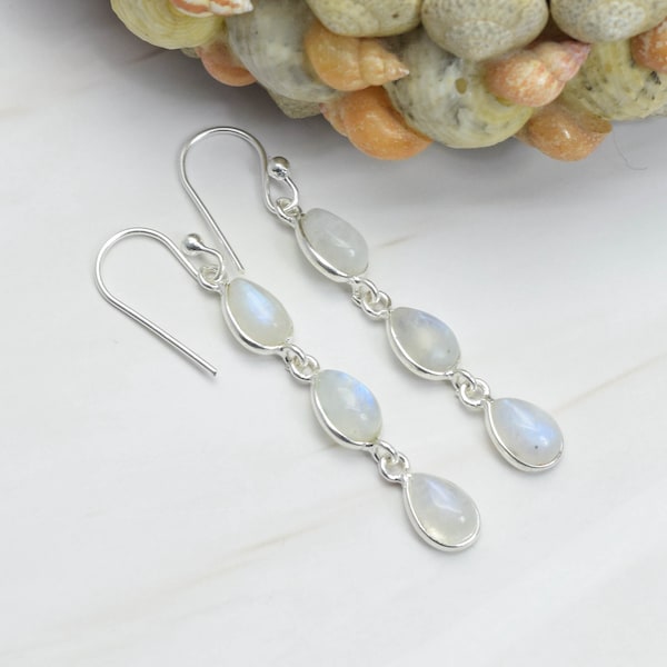 White Rainbow Moonstone 925 Sterling Silver Gemstone Hook Earring ~ Handmade Jewelry ~ Elegant Earring ~ 3 Stone ~ Gift For Christmas