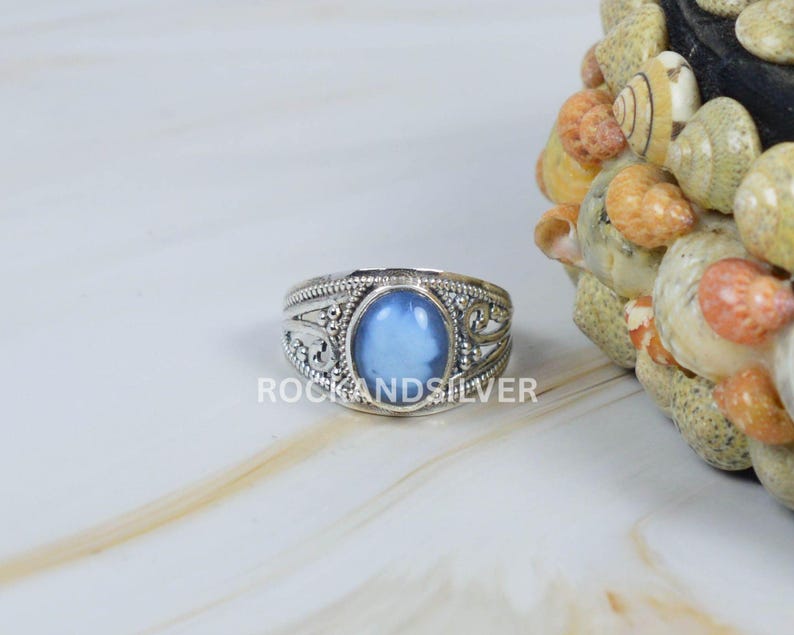 Blue Peruvian Opal Ring: Oval Sterling Silver Handmade Jewelry image 3