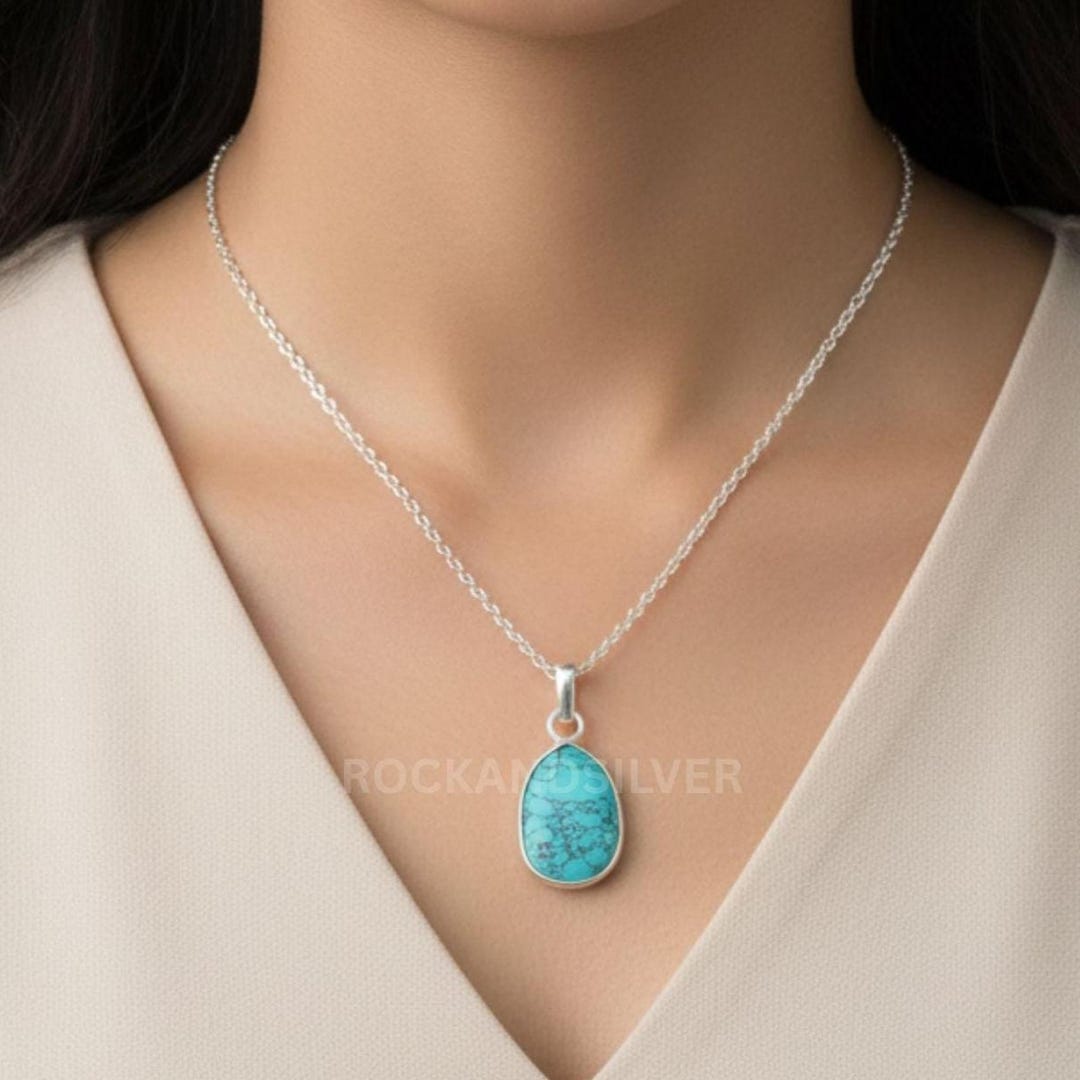 Collier Artisanal En Argent 925 & Turquoise - Sédiments De Mer - Longueur 21 Pouces