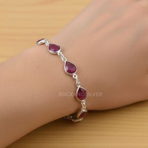 Red Ruby Sterling Silver Bracelet: Pear Gemstone, July Birthstone