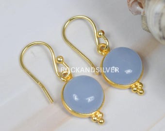 Blue Chalcedony Earrings: 18K Gold Overlay, Sterling Silver Hook