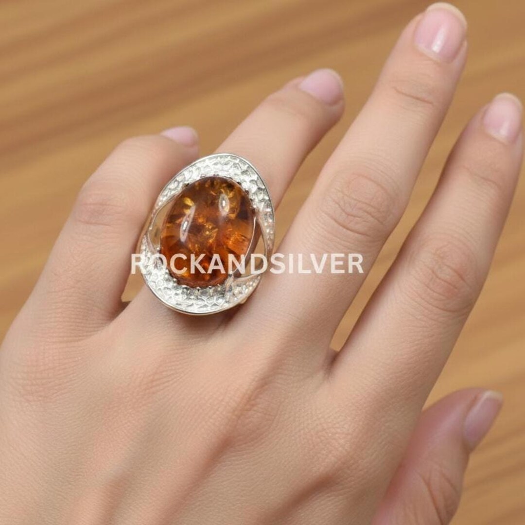 Buy Rectangular Handmade Sterling Silver Ring with Cherry Baltic Amber