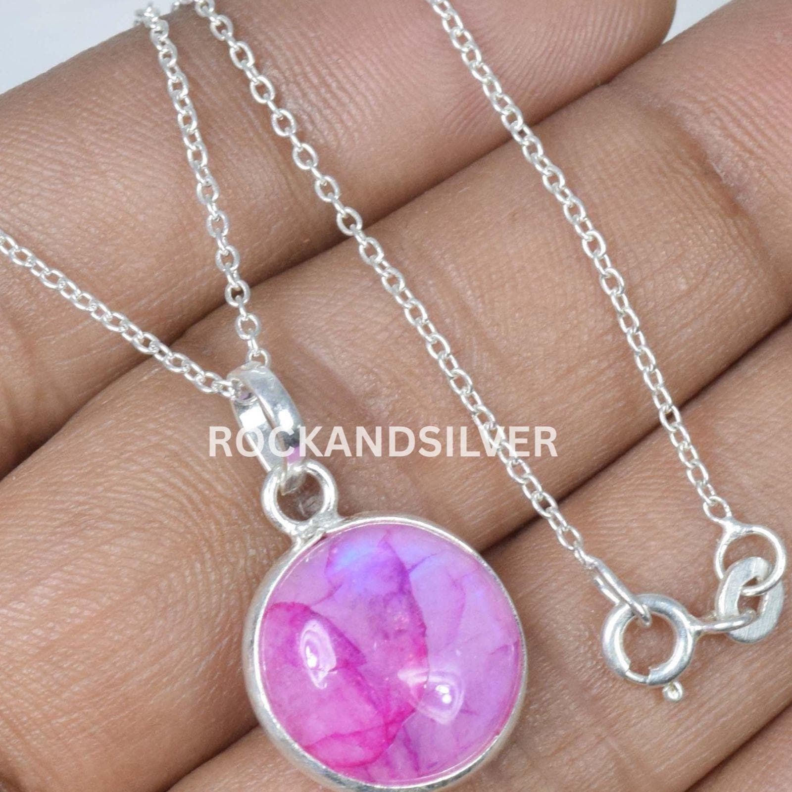 Pendentif En Argent Sterling 925 Avec Pierre De Lune Arc-en-ciel Rose - 1,5 Pouce, Fait Main En Inde, Neuf