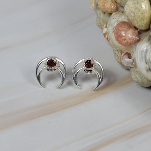 Red Garnet 925 Sterling Silver Gemstone Stud Earring ~ Moon Shape ~ Handmade Jewelry ~ Designer Stud ~ Elegant Stud ~ Gift For Birthday