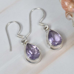 Cut Natural Purple Amethyst 925 Sterling Silver Gemstone 1 Pair Hook Earring ~ Pear Shape ~ February Birthstone ~ Gift For Christmas