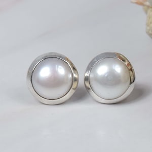 Natural Freshwater Pearl 925 Sterling Silver Round Gemstone Stud Earring, Handmade Jewelry, June Month Birthstone, Gift For Valentine Day
