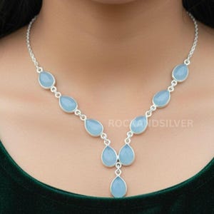 Blaue Chalcedon-Perle, Halskette aus 925er Sterlingsilber, handgefertigt