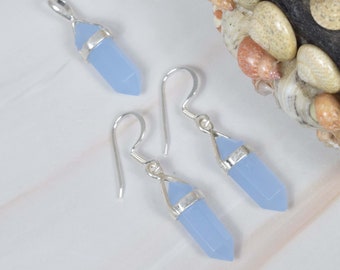 Cut Blue Chalcedony 925 Sterling Silver Gemstone Available Pendant Earring Set Jewelry, Side Drilled Bullet Crystal Pendants, Gift For Her