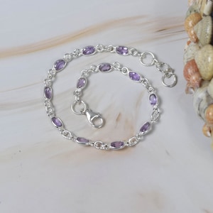 Cut Purple Amethyst 925 Sterling Silver Oval Gemstone Adjustable Bracelet ~ February Birthstone ~ Gift For Her ~ 12 Stone Bracelet