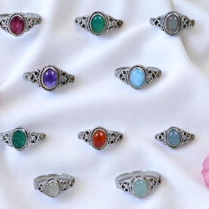 925 Sterling Silver Natural Garnet /Opalite /Aquamarine /Carnelian /Chalcedony /Prehnite /Labradorite /Onyx Oval Shape Minimalist Boho Ring