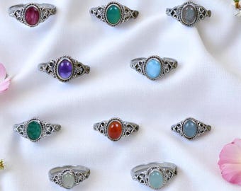 925 Sterling Silver Natural Garnet /Opalite /Aquamarine /Carnelian /Chalcedony /Prehnite /Labradorite /Onyx Oval Shape Minimalist Boho Ring