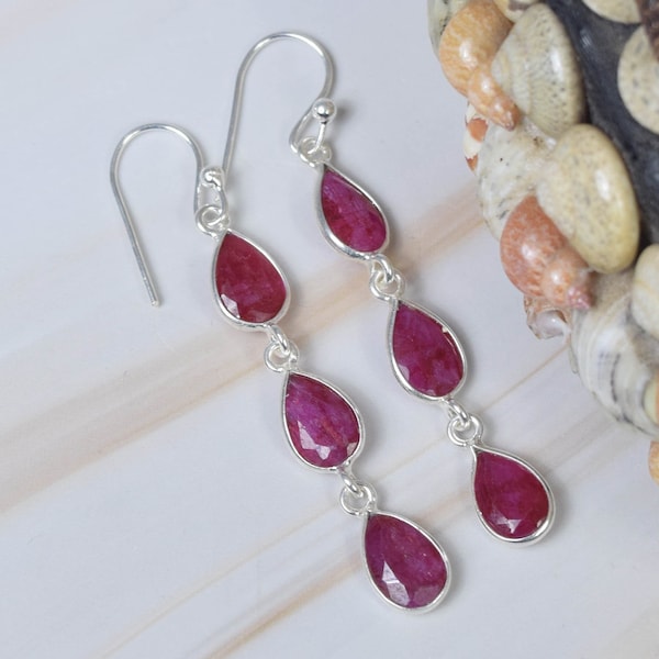 Red Ruby 925 Sterling Silver Gemstone Faceted Hook Earring ~ Handmade Jewelry ~ 1 Pair 925 Silver ~ Gift For Women ~ 3 Stone Earring