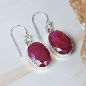 Red Ruby 925 Sterling Silver Gemstone 1 Pair Faceted Hook Earring ~ July Birthstone ~ Oval Shape ~ Handmade Jewelry ~ Gift For Birthday