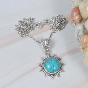 Blue Turquoise 925 Sterling Silver Gemstone Chain Pendant W/ or W/o Chain, Round Shape, Handmade Jewelry, Gift For Birthday