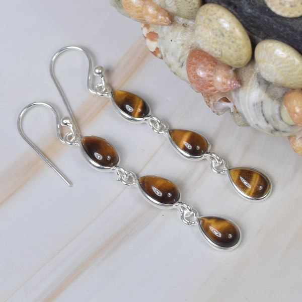 Tiger Eye 925 Sterling Silver Pear Shape Gemstone 1 Pair Hook Earring ~ Handmade Jewelry ~ Gift For Birthday ~ 3 Stone Earring