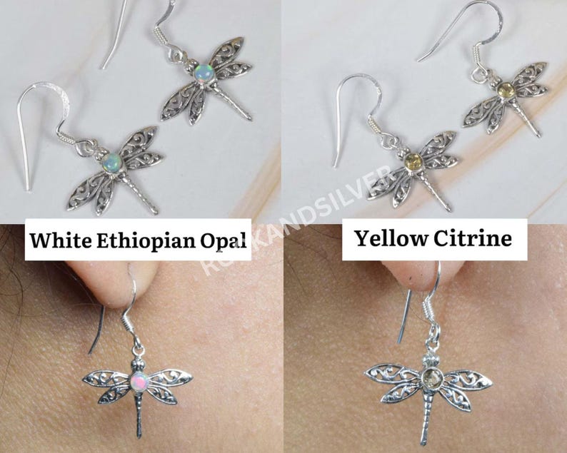 Sterlingzilveren libelleoorbellen: Ethiopische opaal, toermalijn, saffier afbeelding 2