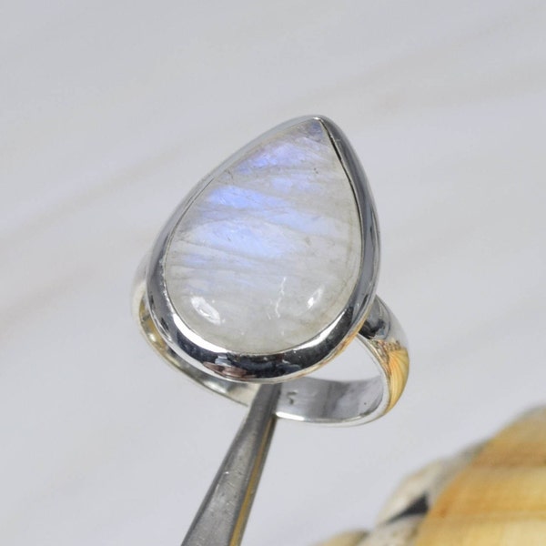 White Rainbow Moonstone 925 Sterling Silver Natural Gemstone Pear Ring Jewelry, Handmade Jewelry, June Birthstone, Gift For Anniversary