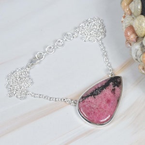 Pink Rhodonite 925 Sterling Silver Natural Gemstone Chain Necklace, Handmade Jewelry, Women&#39;s Jewelry, Natural Stone, Gift For Christmas