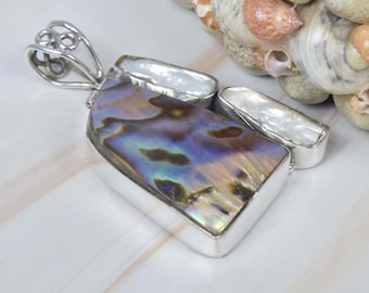 Abalone Shell 925 Sterling Silver Gemstone Pendant ~ Handmade Jewelry ~ Unique Pendant ~ Genuine Stone ~ Fresh Water Pearl ~ Gift For Her