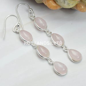 Oorbellen in peervorm van rozenkwarts, 925 sterling zilver: handgemaakte sieraden met edelstenen