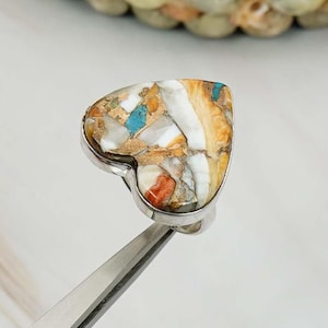 Spiny Oyster Copper Turquoise 925 Sterling Silver Heart Gemstone Ring, Bohemian Ring, Statement Ring, December Birthstone,Gift For Christmas