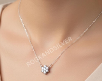 Sterling Silver Cubic Zirconia Flower Pendant Necklace