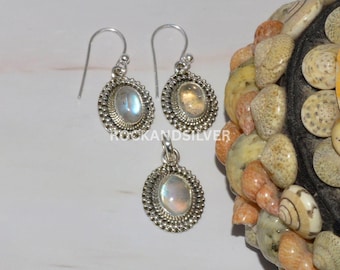 Regenbogen Mondstein Sterling Silber Anhänger Ohrring Set: Oval Designer Schmuck
