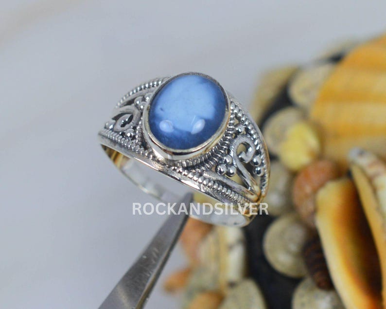 Blue Peruvian Opal Ring: Oval Sterling Silver Handmade Jewelry image 1