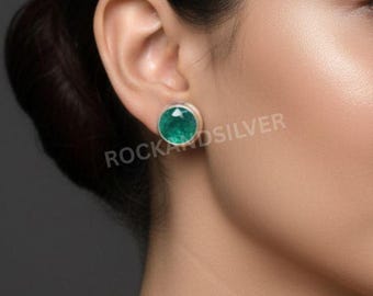 Handmade Green Emerald Sterling Silver Stud Earrings: 8mm Round Gemstone