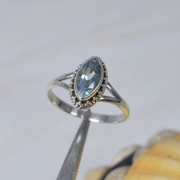 Blue Topaz 925 Sterling Silver Faceted Gemstone Ring ~ Marquise Shape ~ December Birthstone ~ Designer Ring ~ Elegant Ring ~ Gift For Her