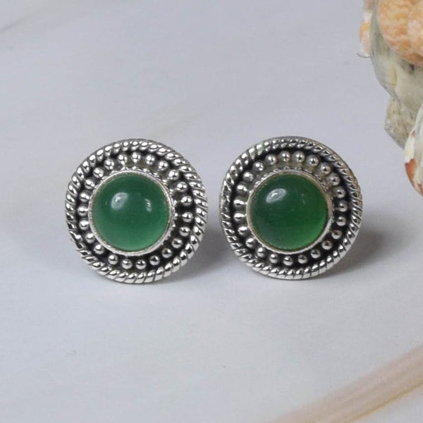 Green Onyx 925 Sterling Silver Gemstone Stud Earring ~ Handmade Jewelry ~ Round Shape ~ Designer Stud ~ Gift For Birthday