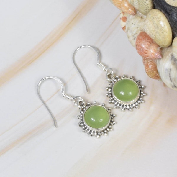 Green Prehnite 925 Sterling Silver Gemstone 1 Pair Hook Earring ~  Flower Jewelry ~ Handmade Jewelry ~ Gift For Anniversary