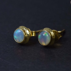 Welo Ethiopian Opal 925 Sterling Silver 18 Carat Gold Overlay Stud ~ Handmade Jewelry ~ Round Shape Stud ~ Gift For Birthday