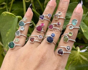 Sterling Silver Adjustable Ring: Two Gemstone Boho Jewelry