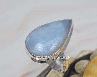 Pear-Shaped Blue Peruvian Opal Ring, 925 Sterling Silver, US Size 7
