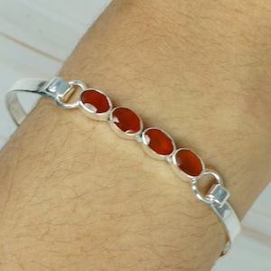 Cut Red Carnelian 925 Sterling Silver Gemstone Adjustable Bangle , Handmade Jewelry, July Birthstone ,Gift For Christmas , 4 Stone Bangle