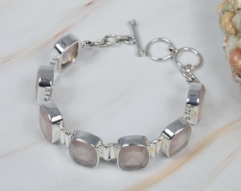 Cut Rose Quartz 925 Sterling Silver Gemstone Bracelet ~ Handmade Jewelry ~ Silver Bracelet ~ Gift For Christmas ~ 7 Stone Bracelet