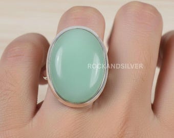 アクアカルセドニースターリングシルバーリング：ハンドメイドオーバル